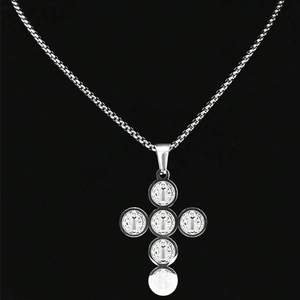 Religious silver stainless steel cross pendant necklace with Saint Benedict medals