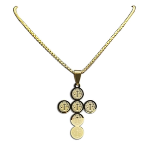 Gold Saint Benedict medal cross pendant necklace in polished stainless steel for men