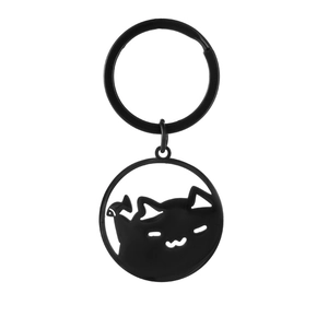 Minimalist black stainless steel keychain with hollowed-out cat face and small fish charm