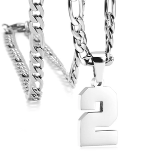 Pendentif numéro 2 en acier inoxydable poli avec chaîne Figaro classique pour hommes