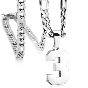Collier pour homme avec pendentif chiffre 3 en acier inoxydable et chaîne Figaro polie