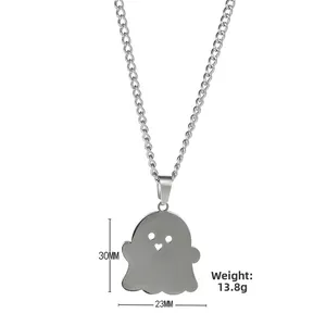 Detailed view of cartoon ghost pendant necklace with 30mm height and 23mm width dimensions