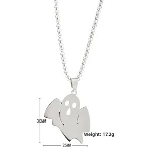 Detail of silver ghost pendant with mirror finish and dimensions 30mm by 25mm