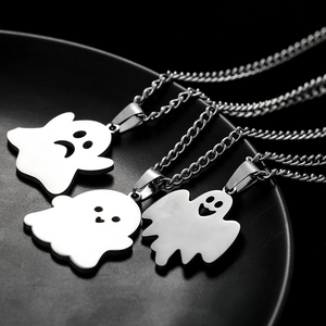 Halloween Cartoon Ghost Pendant Necklace Stainless Steel Polished Funny Ghost Face Unisex Punk Gothic Party Jewelry Gift