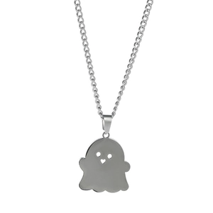 Ghost pendant necklace in stainless steel with heart cutout and polished silver finish