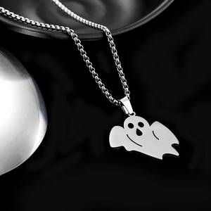 Polished stainless steel ghost pendant necklace with bead chain for Halloween fashion