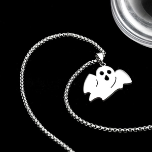 Polished silver stainless steel necklace featuring a cartoon ghost pendant for Halloween