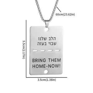 Detail view of steel tag necklace showing 5.5x3.5cm dimensions and 60cm chain length