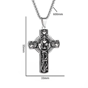 Silver stainless steel cross necklace with Eucharist symbols and 60cm pearl chain