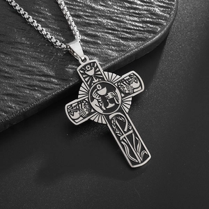 Silver stainless steel cross necklace with engraved grapes and religious symbols