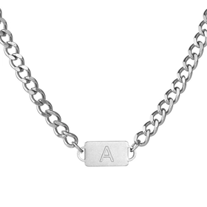 Collier gourmette en acier argenté avec pendentif rectangulaire lettre A pour homme