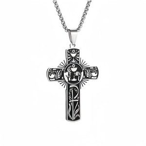 Religious vintage stainless steel cross necklace with grail and grape vine patterns