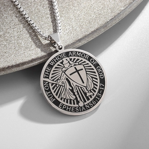 Vintage Stainless Steel Knight Cross Shield Pendant Necklace For Men Religious Bible Verse Round Medal Jewelry Gift