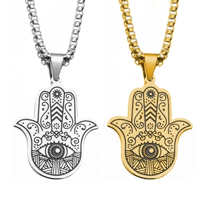 Collier Main de Fatima Vintage en Acier Inoxydable pour Hommes Femmes Pendentif Gravé Mauvais Oeil Horus Bijoux Rétro Cadeau