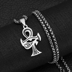 Silver stainless steel Ankh necklace with Eye of Horus pendant on black background