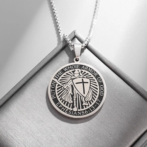 Men's vintage Knight Templar coin necklace in stainless steel with Armor of God engraving
