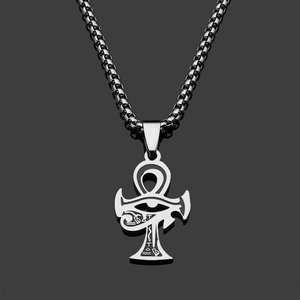 Vintage Ancient Egyptian Eye Of Horus Ankh Cross Pendant Necklace For Men Stainless Steel Box Chain Religious Jewelry Gift