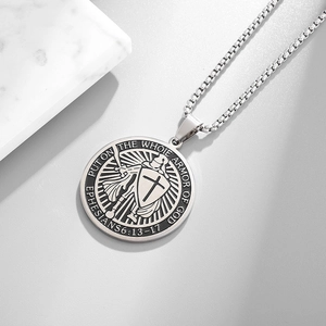 Men's vintage stainless steel shield medal necklace with knight and bible verse engraving