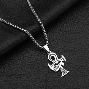 Silver stainless steel Ankh cross necklace with Eye of Horus and ancient engravings
