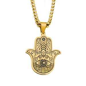 Collier main de Fatma dorée vintage avec pendentif œil maléfique et chaîne vénitienne