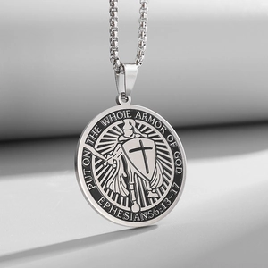 Vintage stainless steel knights templar shield medallion necklace with cross engraving
