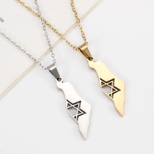 Collier avec pendentif carte d'Israël en or et argent avec découpe étoile de David
