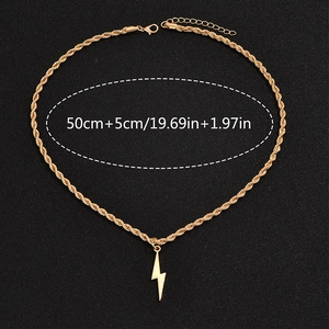 Gold twist rope chain necklace with minimalist lightning pendant, length 50cm plus 5cm