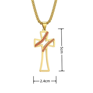 Detail showing dimensions of the gold hollow baseball cross pendant with red stitching