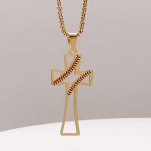 Golden stainless steel hollow cross necklace with red baseball stitch pattern design