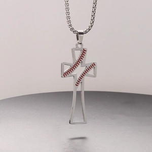 Stainless Steel Hollow Baseball Stitching Cross Pendant Necklace For Men Hiphop Sporty Style Personality Metal Jewelry