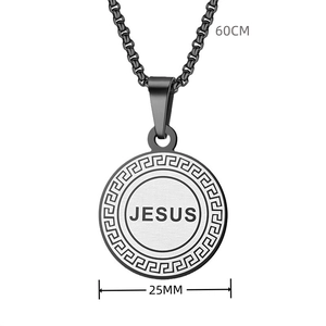 Detailed view showing a 25mm Jesus pendant with meander pattern and 60cm box chain