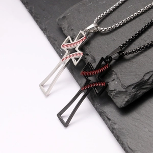 Men's stainless steel hollow cross necklace with red baseball stitching design