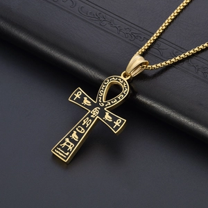 Men's retro gold Ankh cross pendant necklace with Egyptian hieroglyphs in 45-degree view