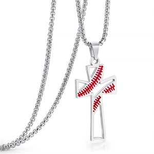Men's stainless steel hollow cross necklace featuring sporty red baseball stitch patterns