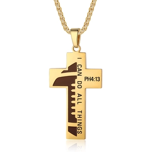 Gold stainless steel cross necklace with football engraving and PH4:13 verse