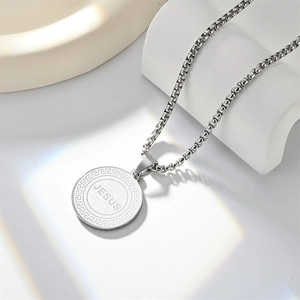 Polished stainless steel round Jesus pendant necklace with Greek key pattern and box chain