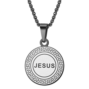 Hip hop Jesus pendant necklace in black stainless steel with Greek meander border pattern