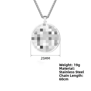 Detail of 25mm stainless steel pendant showing retro engraved edge and silver texture