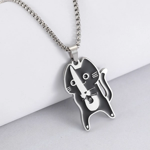 Lustige Cartoon Katze Hält Messer Anhänger Halskette Edelstahl Emaille Nische Design Schmuck Geschenk Für Herren Damen