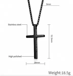 Detailed dimensions of black stainless steel cross necklace with bible verse engraving