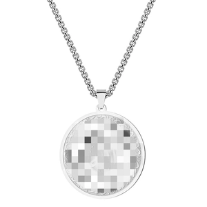 Vintage stainless steel round pendant necklace with embossed edges and silver chain