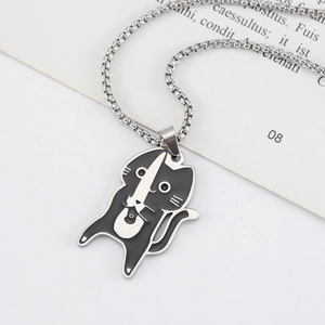Cartoon Edelstahl Katzen Anhänger Halskette mit schwarz weißem Emaille Tropföl Design