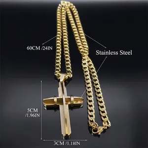 3D layered stainless steel cross pendant necklace with Cuban chain for men on black mirror