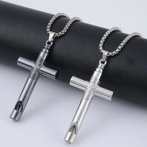 Collier Sifflet Croix en Acier Inoxydable Vintage pour Hommes Femmes Pendentif Fonctionnel Soufflable Personnalisé Bijoux Gothiques