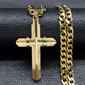 Men Stainless Steel Cross Pendant Necklace Geometric 3D Design Curb Chain Hip Hop Punk Jewelry Accessory For Men Women