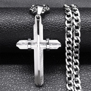Silver stainless steel cross necklace with geometric engraving on a Cuban chain for men