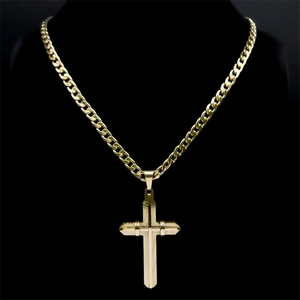 Polished gold stainless steel cross pendant necklace with Cuban chain for men