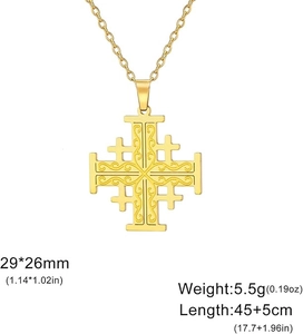 Detail view of golden Jerusalem cross pendant with scroll floral relief and size markings