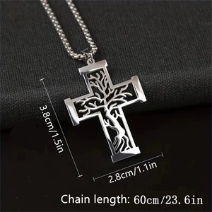Silver stainless steel cross necklace with hollow tree of life pendant on a bead chain