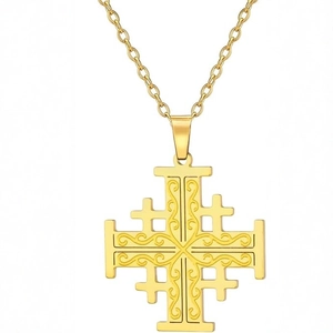 Elegant gold Jerusalem cross pendant necklace with ornate engraved scroll patterns